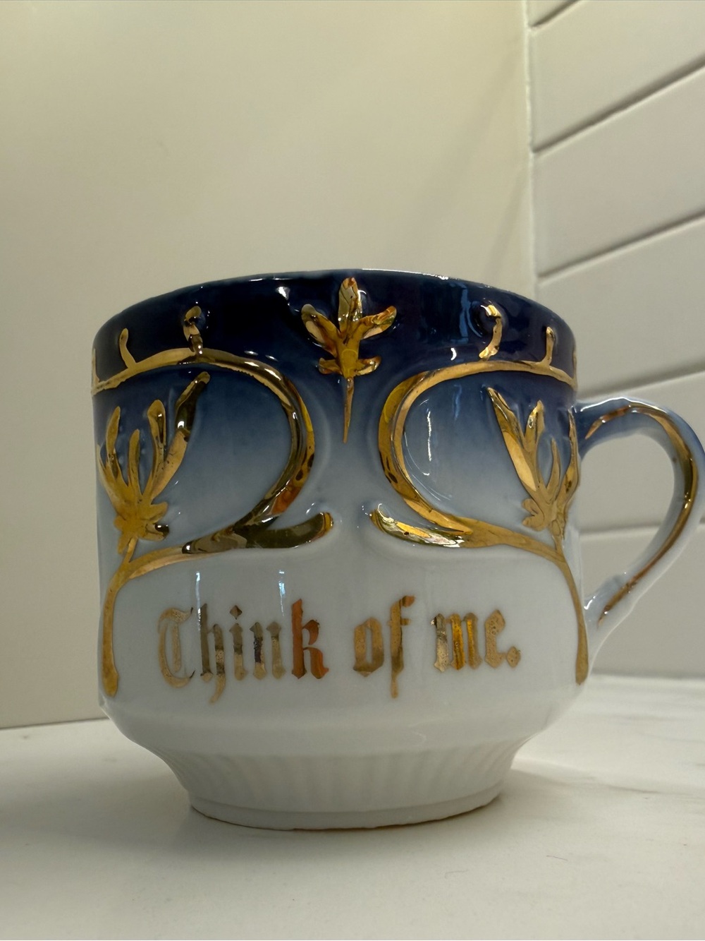 Antique Victorian “Think of Me” Porcelain Mug Cup Gold Gilt Art Nouveau Blue